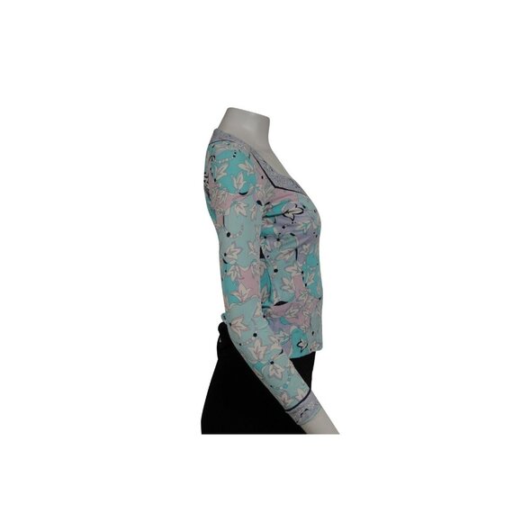 Emilio Pucci Floral V Neck Top US 8 IT 38 Blue Purple Pink Viscose Long Sleeve - Picture 6 of 9